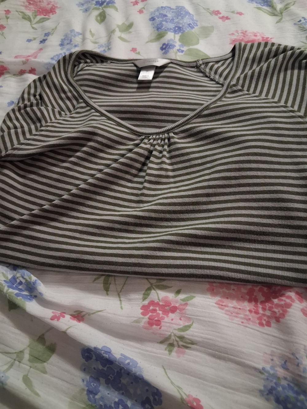CJ Banks Olive Green and Cream Striped Short Sleeve Tee - Picture 2 of 5